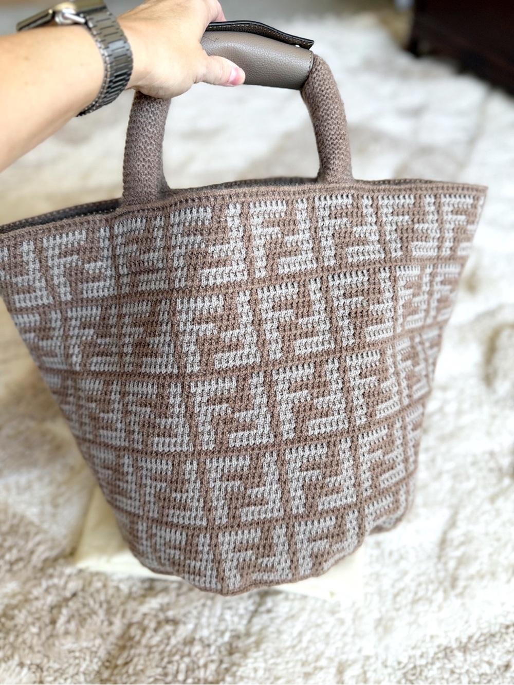 SOLD❤️FENDI FF Zucca shopping bag in jacquard cashmere woven tote - Picture 4 of 11